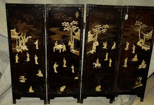 Chinese laquered and bone 4 panel screen . H:36" W:48": Chinese laquered and bone 4 panel screen . H:36" W:48"