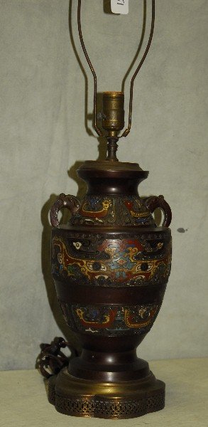 Chinese champleve and bronze lamp. Urn size H:12": Chinese champleve and bronze lamp. Urn size H:12"