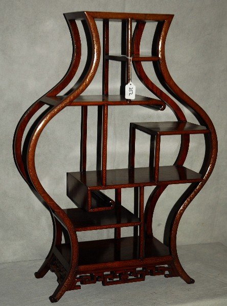Chinese wood and silver wire inlaid 7 level stand.: Chinese wood and silver wire inlaid 7 level stand. H:30.25" W:21.5" D:7.75"