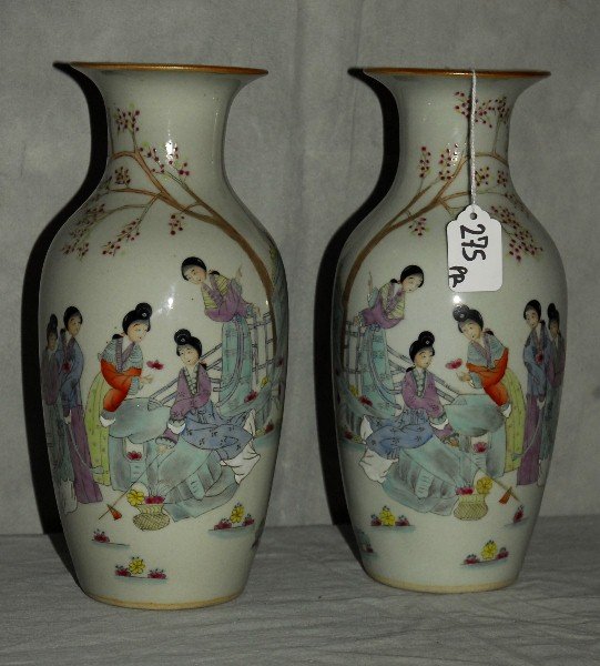 Pair Chinese porcelain vases with caligraphy on back: Pair Chinese porcelain vases with caligraphy on back and red seal mark on bottom. H:11"