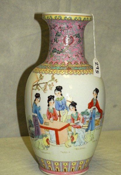 Chinese porcelain vase with caligraphy on back and red: Chinese porcelain vase with caligraphy on back and red seal mark on bottom. H:14"
