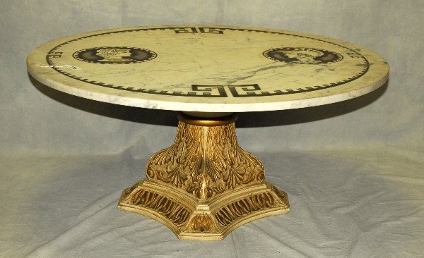 Inlaid marble top wood coffee table. H:16.5" D:38': Inlaid marble top wood coffee table. H:16.5" D:38'