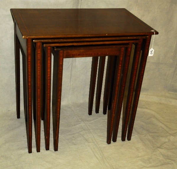 Set of Mahogany inlaid stack tables. H:28.5" L:28": Set of Mahogany inlaid stack tables. H:28.5" L:28" D:18"