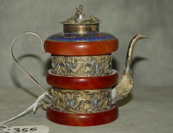 Chinese sliver and enamel teapot with jade rings: Chinese sliver and enamel teapot with jade rings. H:4.5"