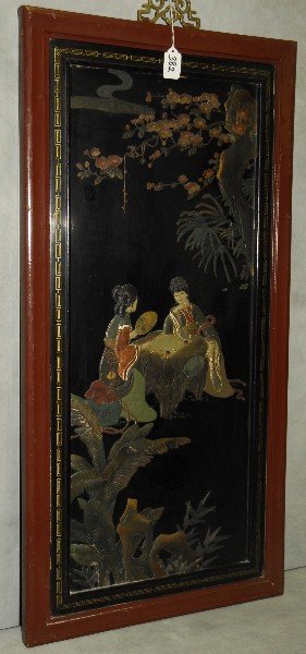Chinese laquered and polychrome panel: Chinese laquered and polychrome panel. H:36" W:18"