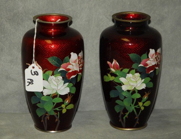 Pair Japanese red cloisonne and silver vases with (1 of 2)