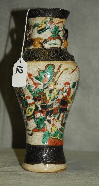 Chinese crackle glazed porcelain warrior decorated: Chinese crackle glazed porcelain warrior decorated vase. H:10"