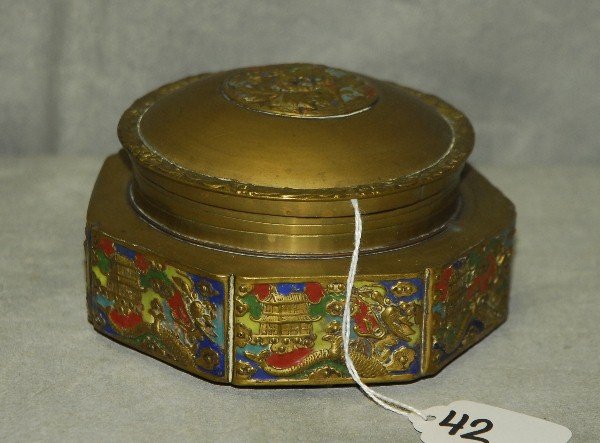 Chinese bronze and champleve round covered box. H:3" (1 of 2)