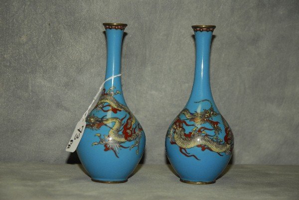 Pair antique Chinese cloisonne bottle neck dragon (1 of 4)