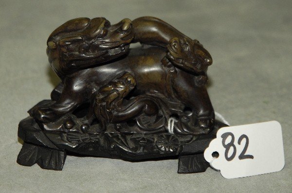 Chinese hard stone figural group of 3 Foo Lions on a (1 of 5)