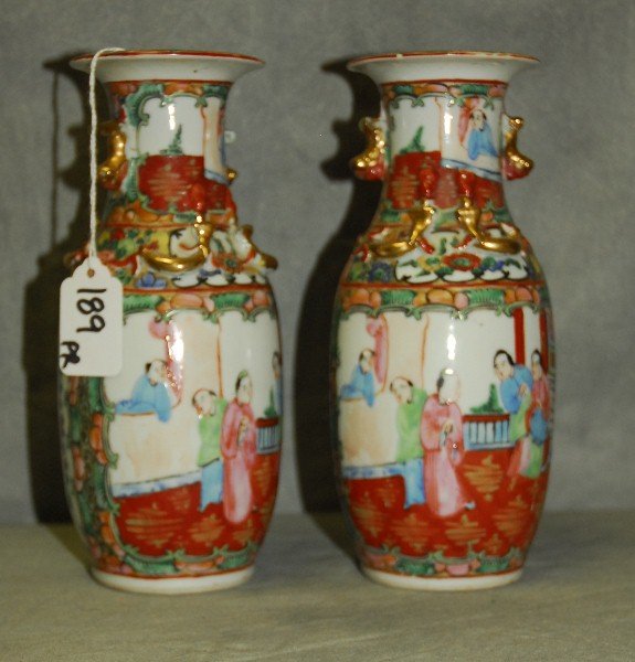 Chinese pair of rose medallion vases marked China on: Chinese pair of rose medallion vases marked China on bottom. H:8"