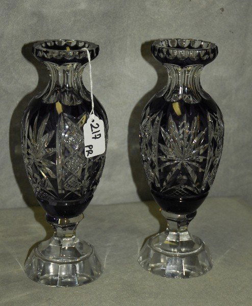Pair cobalt blue and clear cut crystal vases. H:10" (1 of 2)