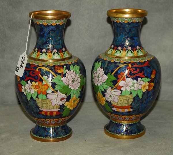 Pair Chinese cloisonne vases. H:9.25": Pair Chinese cloisonne vases. H:9.25"