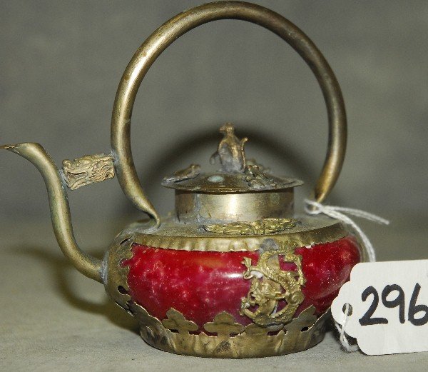 Chinese silver and hardstone teapot. H:4.5" (1 of 1)