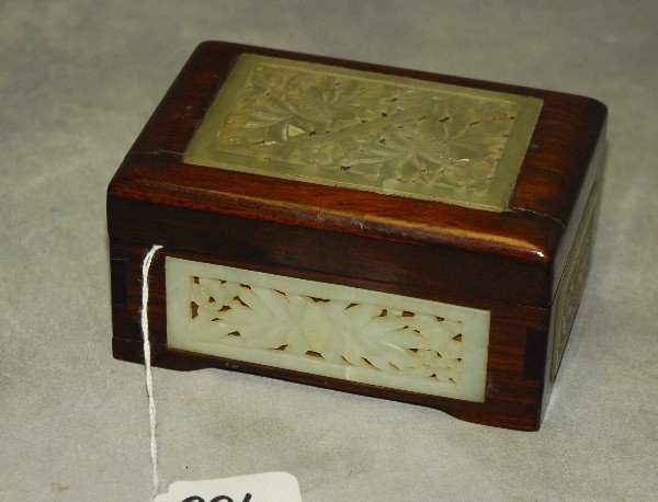 Chinese wood covered box with 5 jade plaques. H:2.5" (1 of 2)