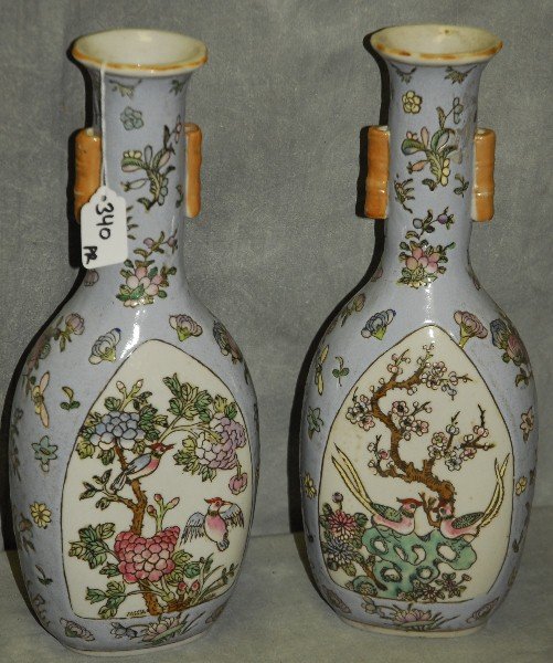 pair Chinese porcelain vases with red seal marks on: pair Chinese porcelain vases with red seal marks on bottom. H:14"