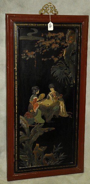 Chinese laquered and polychrome panel. H:36" W:18" (1 of 3)