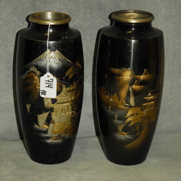 Pair Japanese mixed metal vases. H:10.5" (1 of 1)