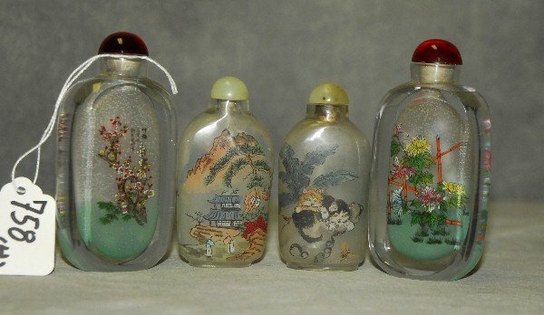 4 Chinese reverse glass painted snuff bottles. H:4" (1 of 3)