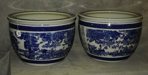 Pair Chinese blue and white porcelain fish bowls with (1 of 4)