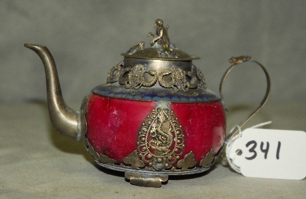 Chinese silver and enamel teapot. H:3": Chinese silver and enamel teapot. H:3"