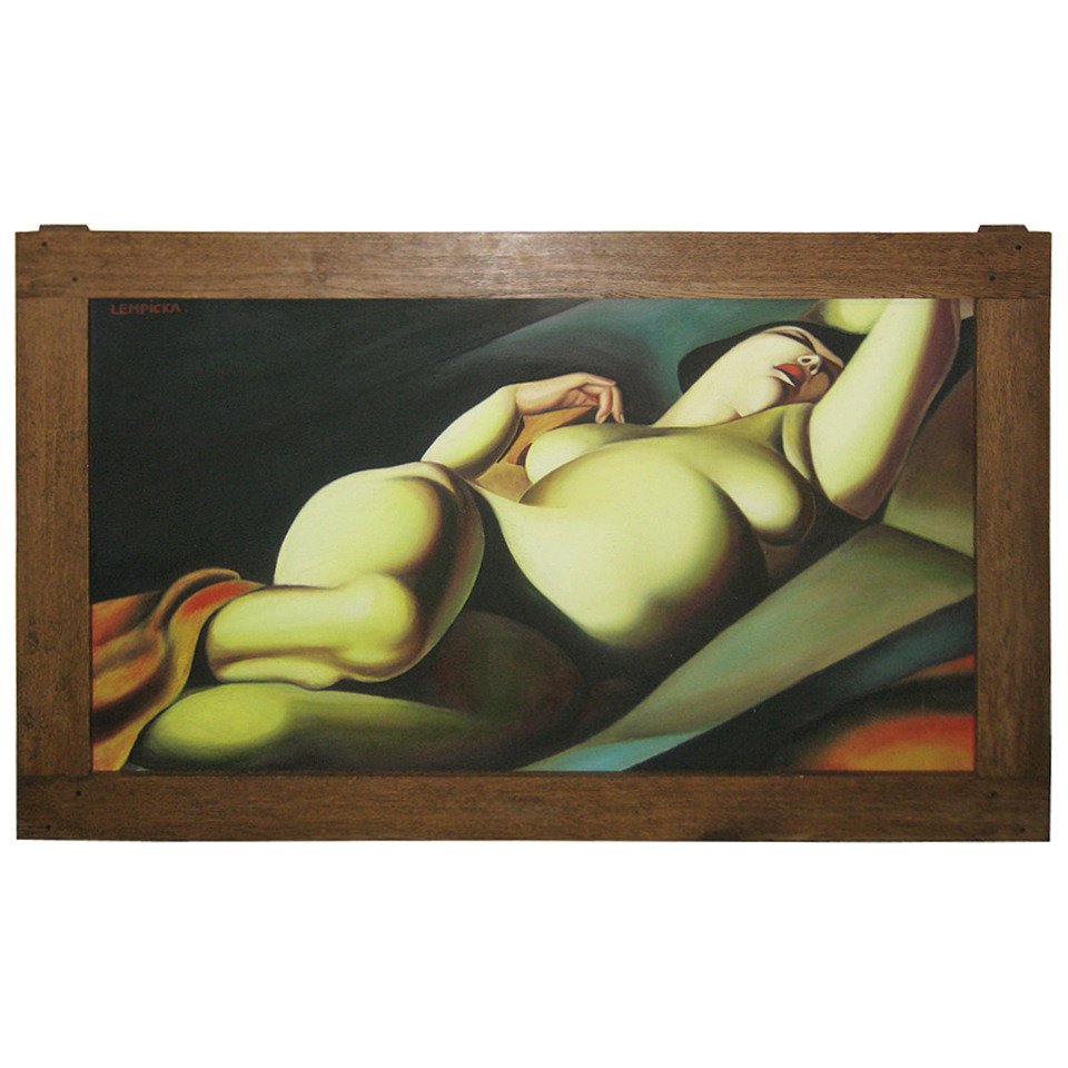 After Tamara De Lempicka, Polish 1898-1980, Oil on: After Tamara De Lempicka, Polish 1898-1980, Oil on canvas, Portrait of a Nude Woman in a nice oak frame. Canvas: 29.25" x 47.25" Frame: 36.5" x 54"