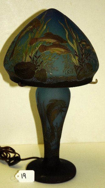 Signed Galle cameo art glass lamp with marine life in: Signed Galle cameo art glass lamp with marine life in relief. H:16" D:9"