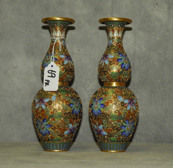 Pair Chinese bronze and champleve double gourd vases. (1 of 2)
