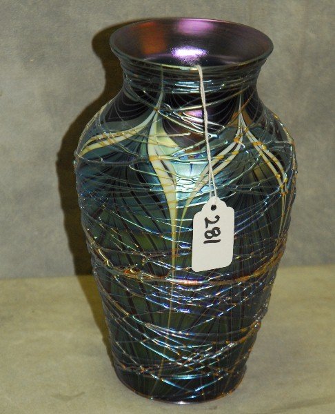 Orient & Flume iridescent art glass vase signed on: Orient & Flume iridescent art glass vase signed on bottom. H:8.75"