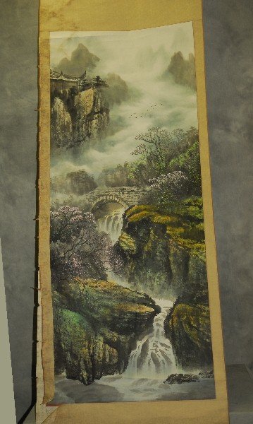 Chinese painted scroll on paper H:72" W:23.75" (1 of 3)