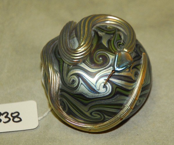 Orient & Flume iridescent art glass paperweight signed (1 of 3)