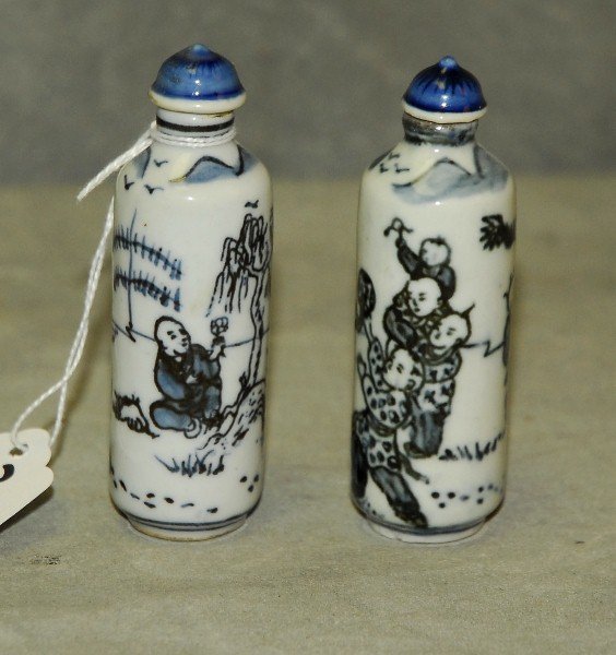 2 Chinese blue and white porcelain snuff bottles with (1 of 2)