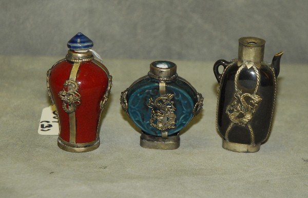 3 Chinese silver mounted porcelain snuff bottles. (1 of 2)