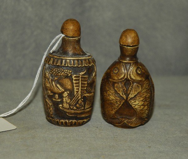 2 chinese antique carved hardstone snuff bottles. H:3" (1 of 2)