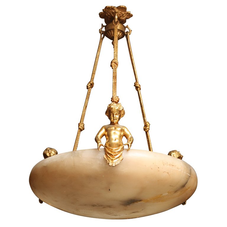 19th C Gilt bronze and alabaster chandelier, (1 of 5)