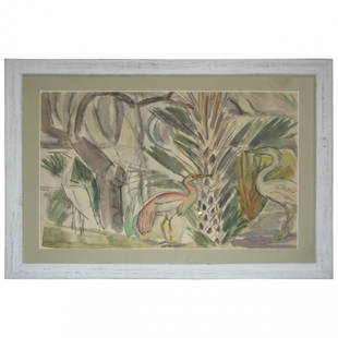 Oliver Chaffee, American 1881-1944 Watercolor: Oliver Newberry Chaffee, American 1881-1944, Aigrette & Heron, watercolor on paper, titled and dated lower left: Ormond Beach, 1940 and signed lower right: Oliver Chaffee. Sight size: 14" x 21" Framed