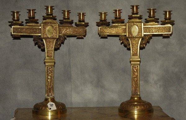 Pair Continental bronze 5-light candleabra. H:17" W:12" (1 of 2)
