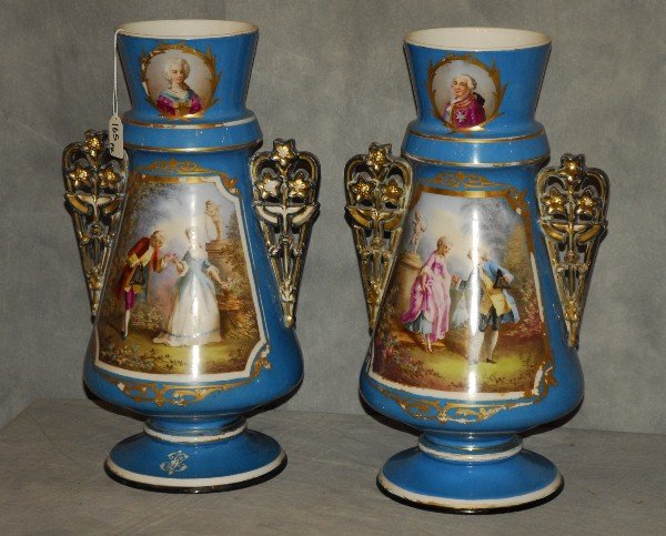 Pair 19th C Sevres porcelain two-handle vases. H:18" (1 of 5)