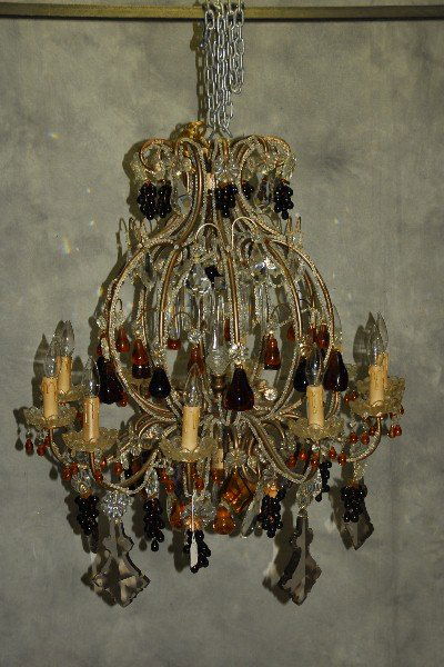 Large crystal and colored glass 10 light chandelier (1 of 4)