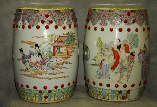 Pair Chinese famille rose porcelain garden seats. H:19" (1 of 3)