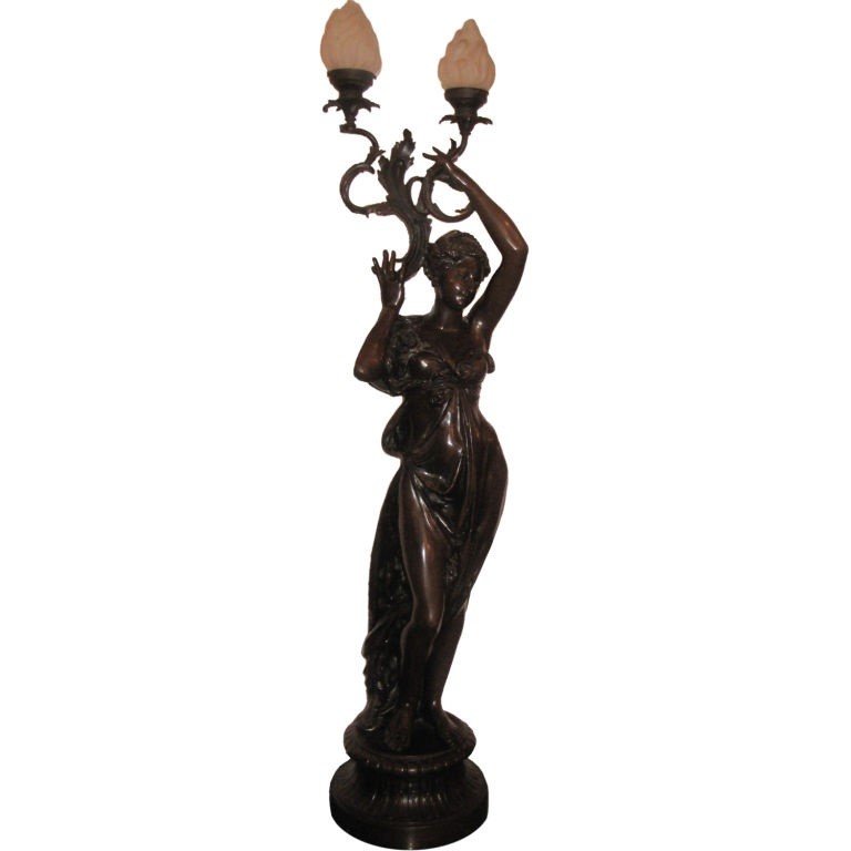 Art Nouveau bronzed figural lamp. H:48" W:10.5" (1 of 4)