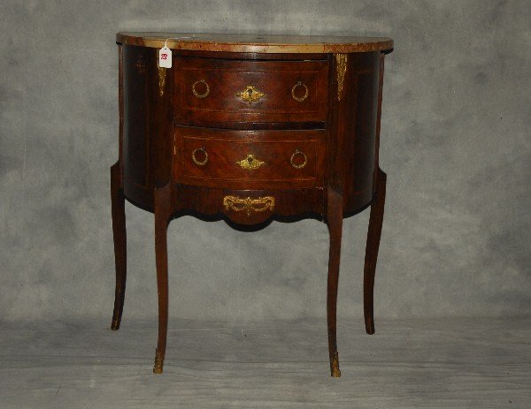 19th C Louis XV marble top 2 drawer demilune commode.: 19th C Louis XV marble top 2 drawer demilune commode. H:30" W:26" D:14.25".