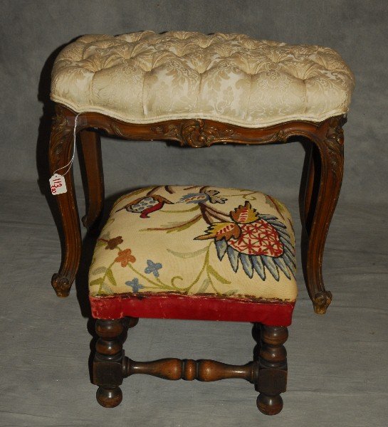 19th C Louis XV style carved walnut bench together with: 19th C Louis XV style carved walnut bench together with a crewlwork upholstered foot stool. Bench H:15" W:21" D:14" footstool H:11.5" W:12" D:12".