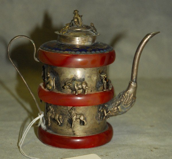 Antique Chinese silver and hardstone teapot. H:4.75" (1 of 2)