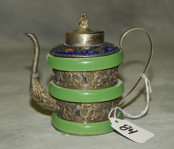Antique Chinese silver and hardstone teapot. H:5" D:5" (1 of 2)