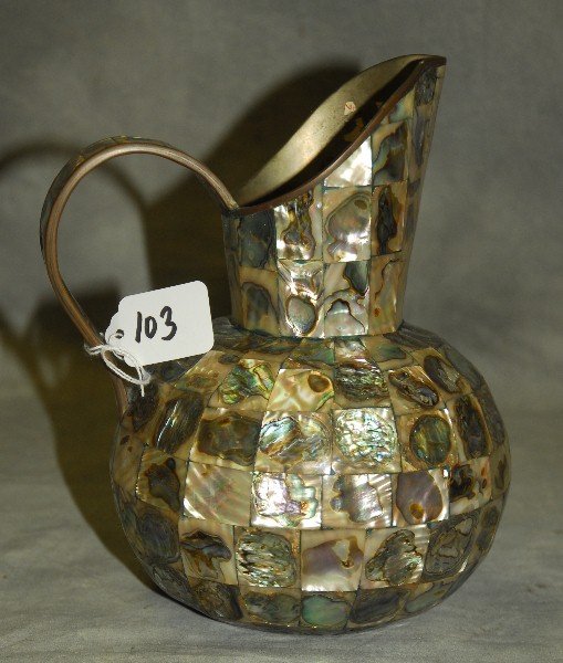 Mexican mother of pearl over metal pitcher.: mexican mother of pearl over metal pitcher. H:8.5"