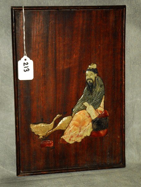 Chinese wood plaque with applied hardstone figure.: Chinese wood plaque with applied hardstone figure. H:12.25" W:8.5"