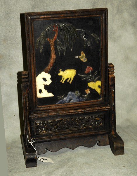 Chinese hardstone mounted wood table screen. H:15.25" (1 of 2)