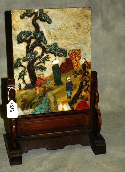 Chinese hardstone mounted wood table screen. H:15" (1 of 1)