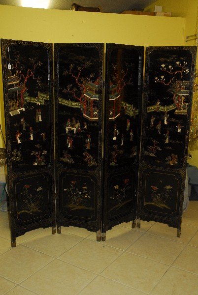 Chinese 4 panel laquered and hardstone mounted floor (1 of 8)